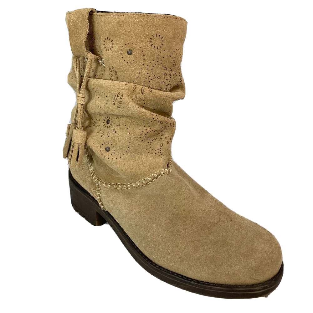 Coolway Boots Womens Sz 10.5 Tan‎ Beige Suede Leather Slouchy Ankle Tassels